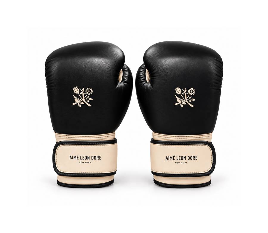 Luxury black and cream leather boxing gloves made for Aime Leon Dore