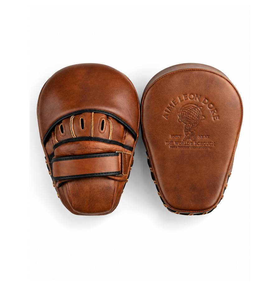 Premium leather boxing focus mitts in cream and tan